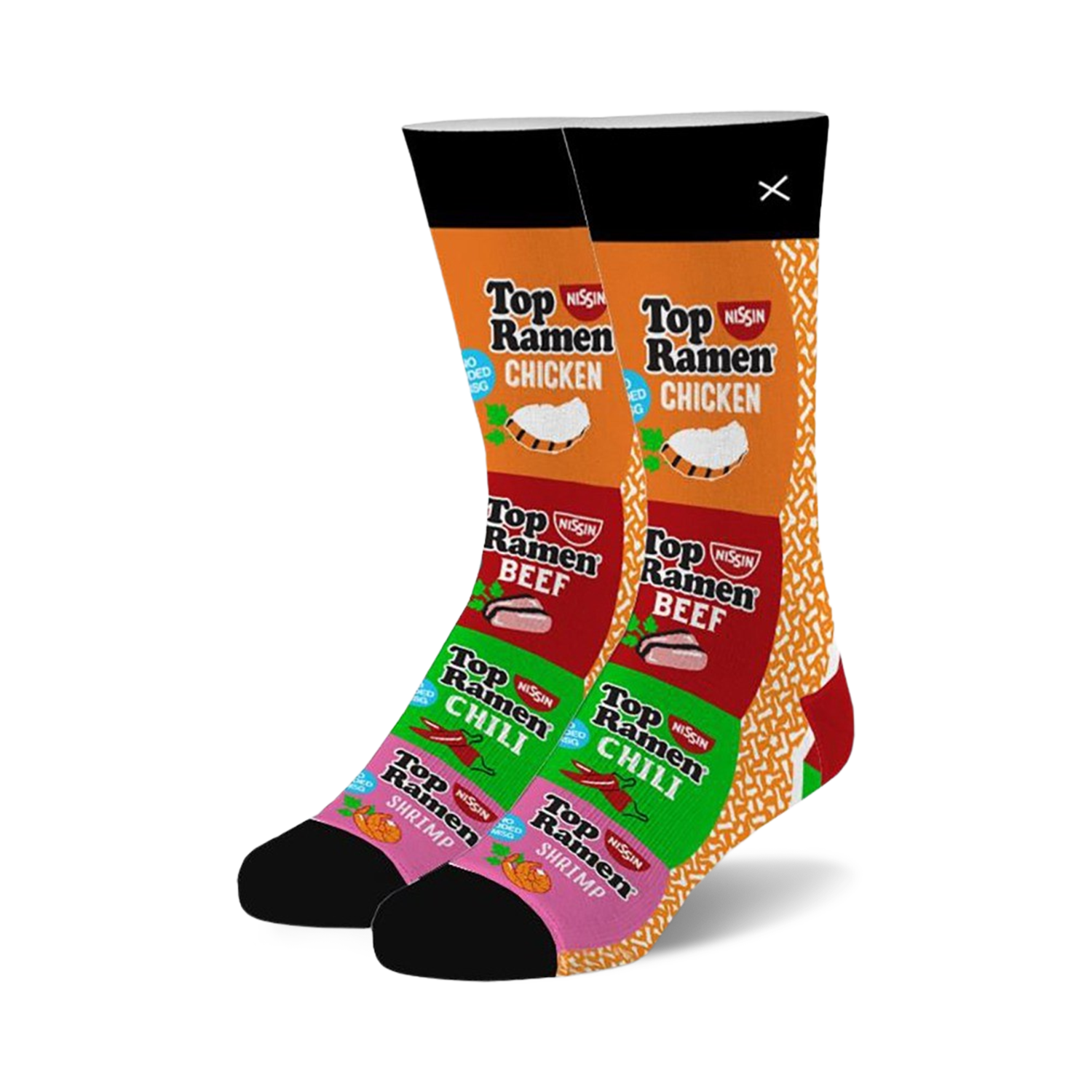 Pair of crew socks featuring Top Ramen flavor packets: chicken, beef, chili, and shrimp.  Colors include orange, pink, green, and black.