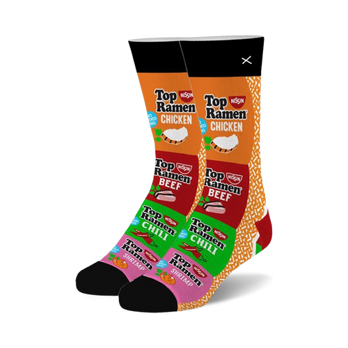 Pair of crew socks featuring Top Ramen flavor packets: chicken, beef, chili, and shrimp.  Colors include orange, pink, green, and black.