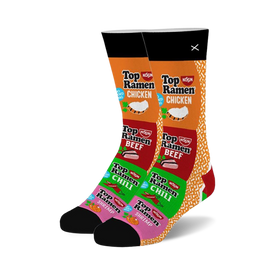 top ramen stack: black crew socks with pattern of chicken, beef, chili, and shrimp top ramen noodle package designs.   