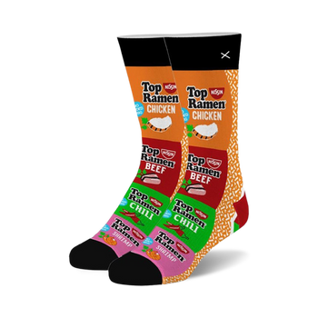 top ramen stack: black crew socks with pattern of chicken, beef, chili, and shrimp top ramen noodle package designs.   