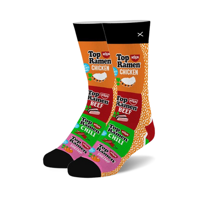 top ramen stack: black crew socks with pattern of chicken, beef, chili, and shrimp top ramen noodle package designs.   