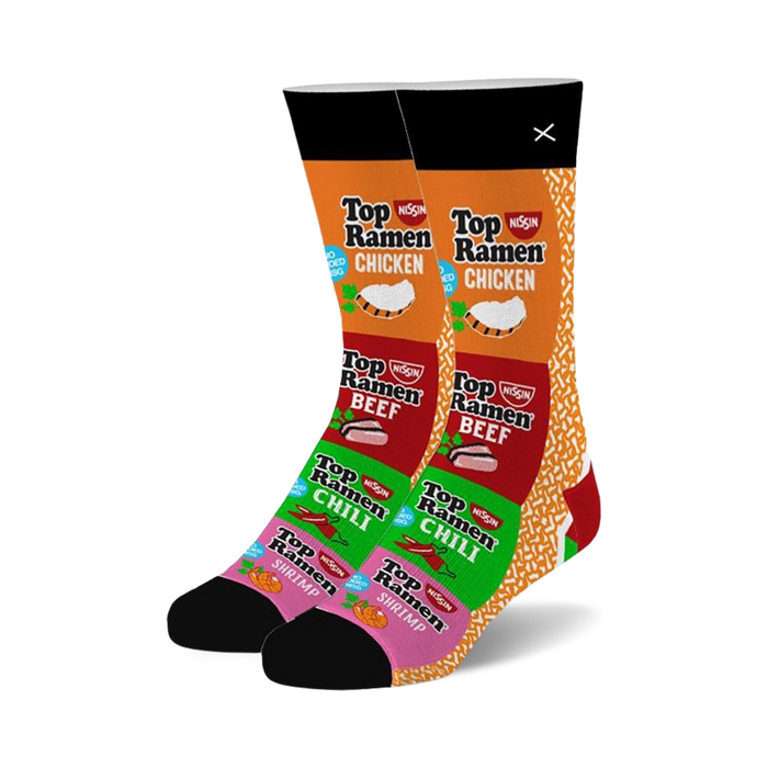 top ramen stack: black crew socks with pattern of chicken, beef, chili, and shrimp top ramen noodle package designs.    }}