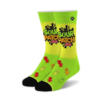 Pair of lime green crew socks with Sour Patch Kids logo and gummy candy illustrations. Black cuffs.