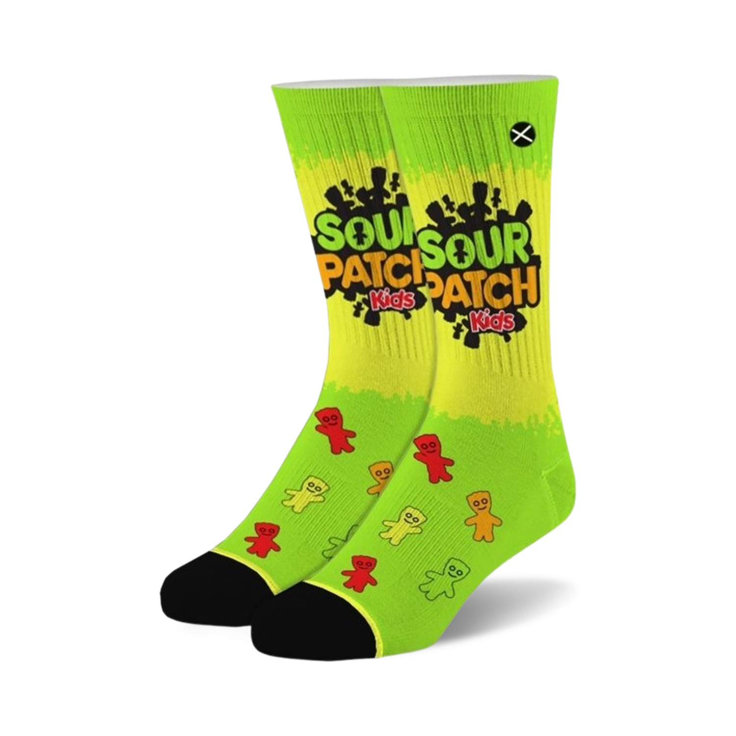 Pair of lime green crew socks with Sour Patch Kids logo and gummy candy illustrations. Black cuffs.