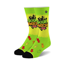 sour patch kids cartoon characters in red, orange, and yellow on green and yellow men's and women's crew socks.   