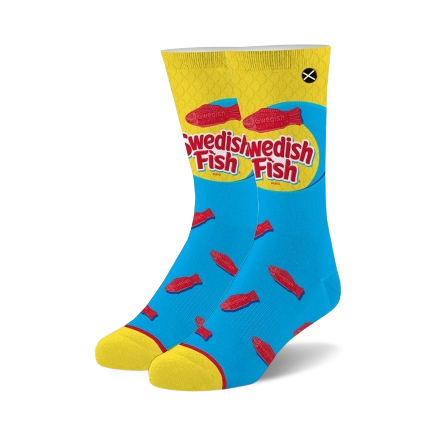 Pair of crew socks in blue with yellow cuffs.  The socks feature a repeated pattern of red Swedish Fish candies and the Swedish Fish logo.