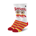 Pair of crew socks with a white background featuring the Tapatio hot sauce logo, a man in a sombrero, and red and yellow stripes at the bottom.