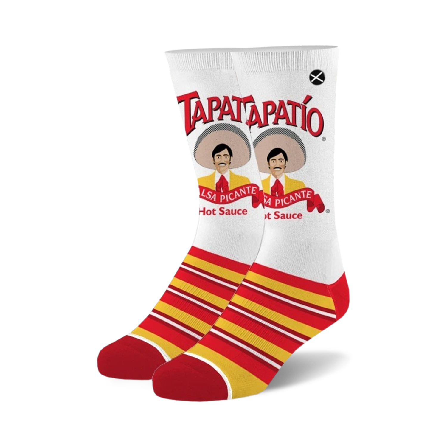 Pair of crew socks with a white background featuring the Tapatio hot sauce logo, a man in a sombrero, and red and yellow stripes at the bottom.