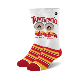 white crew socks with red toe, heel, top, sombrero man, and tapatio logo