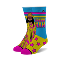 Crew socks in yellow, pink, and blue featuring Macho Man Randy Savage and pink stars.