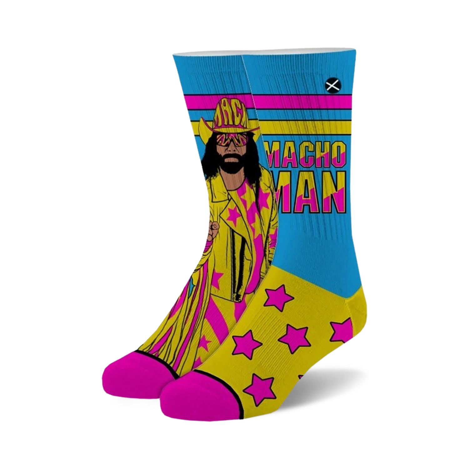 Crew socks in yellow, pink, and blue featuring Macho Man Randy Savage and pink stars.