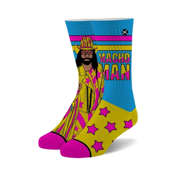 blue & yellow crew socks with macho man cartoon design  