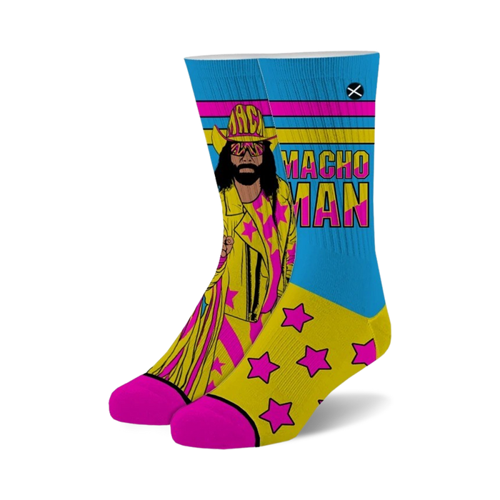 blue & yellow crew socks with macho man cartoon design   }}