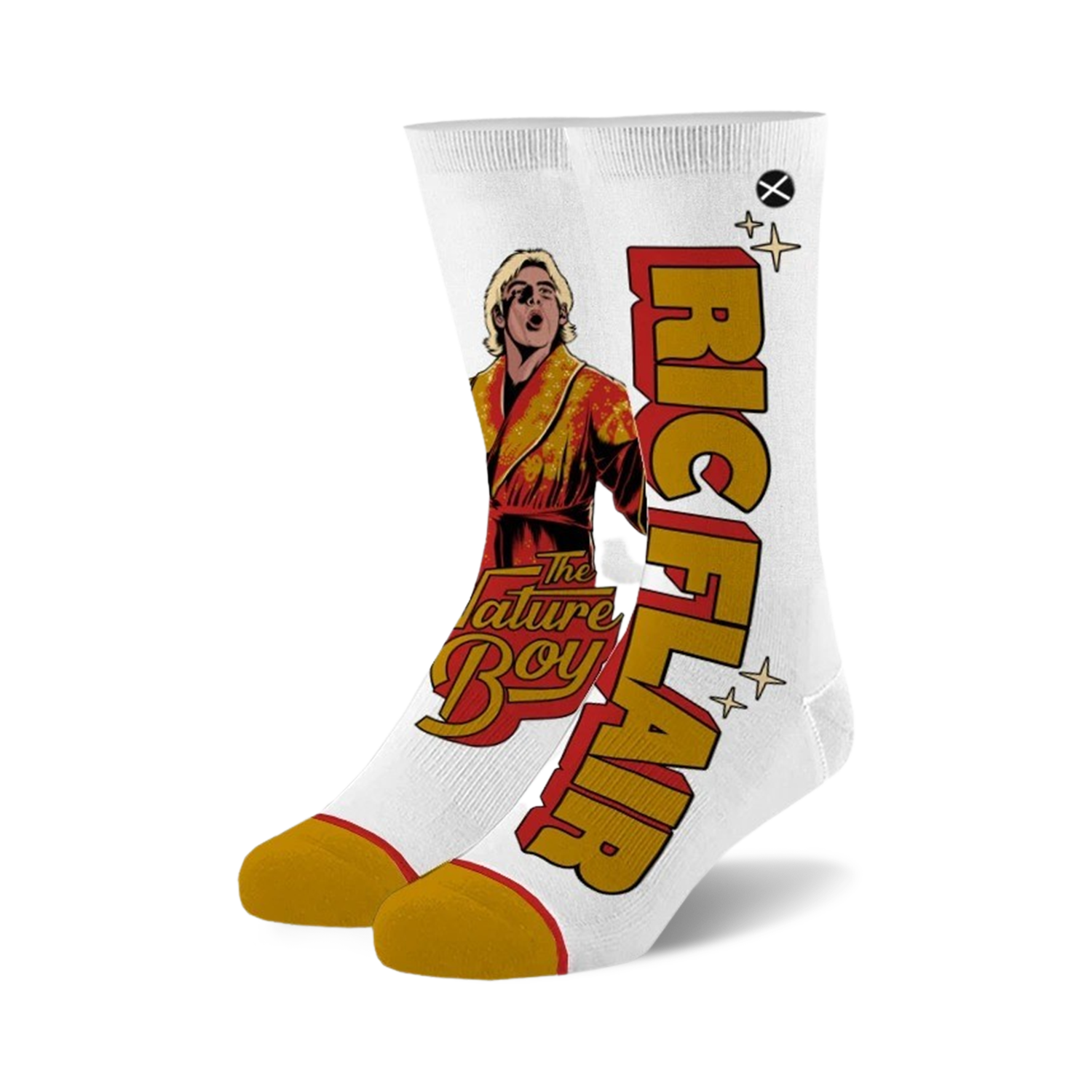 White crew socks with a red and gold Ric Flair design.  It features an illustration of Ric Flair in his robe and the text 'Ric Flair' and 'The Nature Boy'.