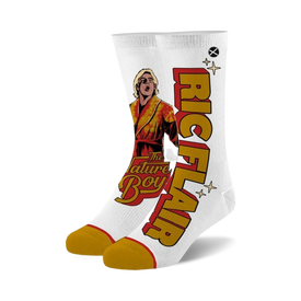 novelty socks featuring professional wrestler ric flair in a yellow robe with stars in a white background with red and yellow stars. with "ric flair" and "the nature boy" written on them, you'll be "stylin' and profilin'" no matter where you go. for men and women.  