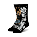 A pair of black crew socks featuring Stone Cold Steve Austin's image and his name in white, along with skull graphics.