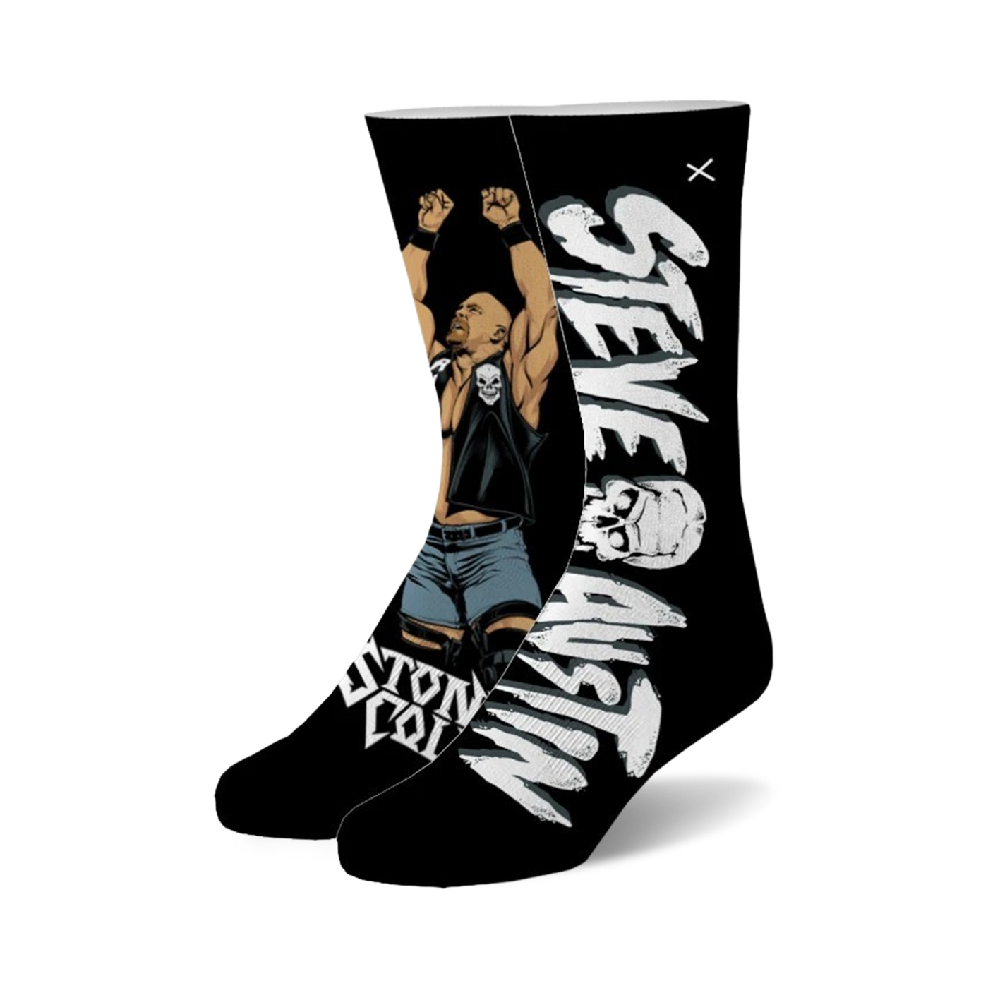 A pair of black crew socks featuring Stone Cold Steve Austin's image and his name in white, along with skull graphics.