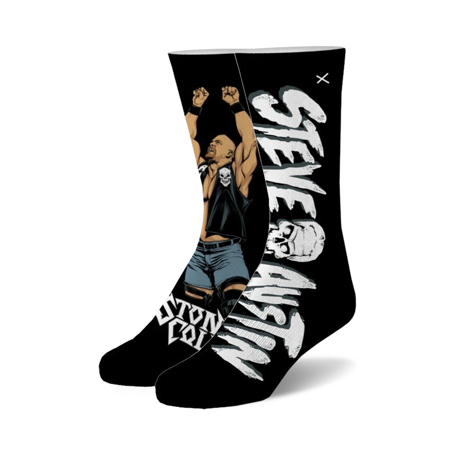 A pair of black crew socks featuring Stone Cold Steve Austin's image and his name in white, along with skull graphics.