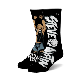black crew socks featuring wwe legend stone cold steve austin are sure to show off your wrestling fandom.  