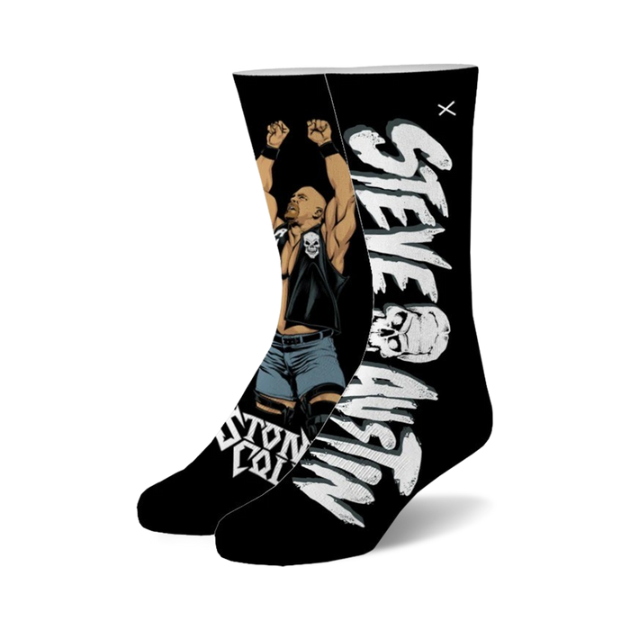 black crew socks featuring wwe legend stone cold steve austin are sure to show off your wrestling fandom.   }}