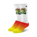 Pair of white crew socks with a colorful stripe at the bottom. The socks feature Cheech & Chong's faces and signature logo.