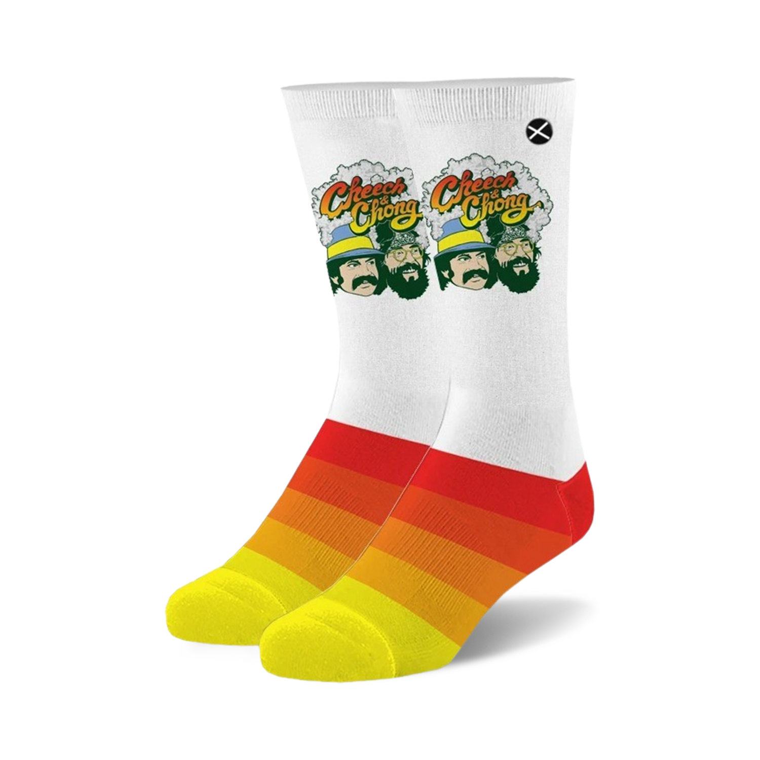 Pair of white crew socks with a colorful stripe at the bottom. The socks feature Cheech & Chong's faces and signature logo.