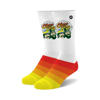 white crew socks with a repeating pattern of cheech & chong's faces surrounded by blue smoke clouds and rainbows.  