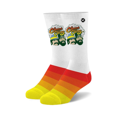 white crew socks with a repeating pattern of cheech & chong's faces surrounded by blue smoke clouds and rainbows.  