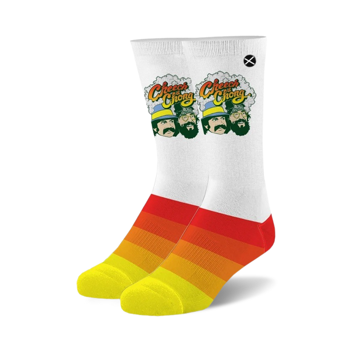 white crew socks with a repeating pattern of cheech & chong's faces surrounded by blue smoke clouds and rainbows.   }}