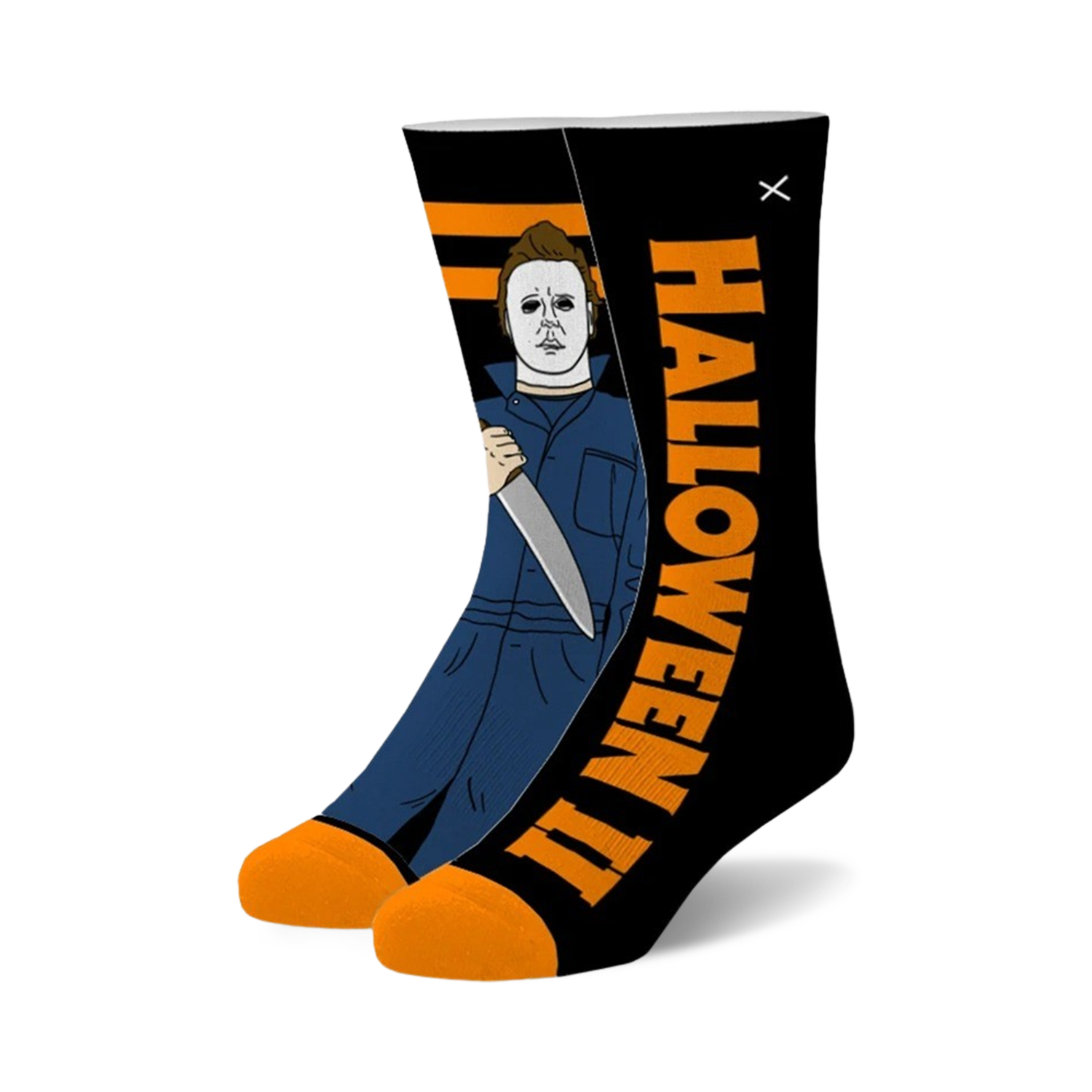 A pair of black crew socks with an orange 'Halloween II' graphic and Michael Myers wielding a knife.