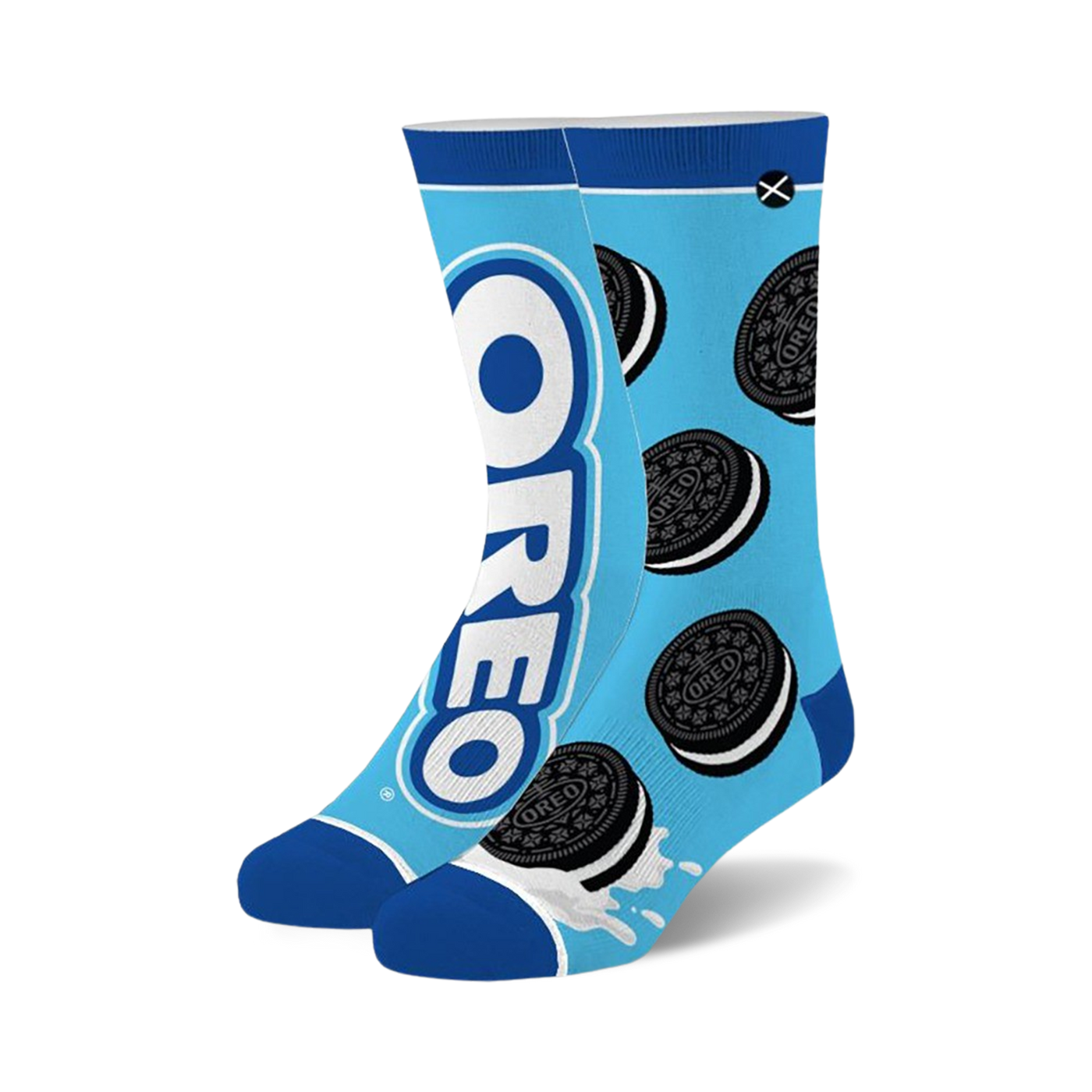 Pair of blue crew socks with Oreo cookies and logo design. Features white and black Oreo cookies on a light blue background.