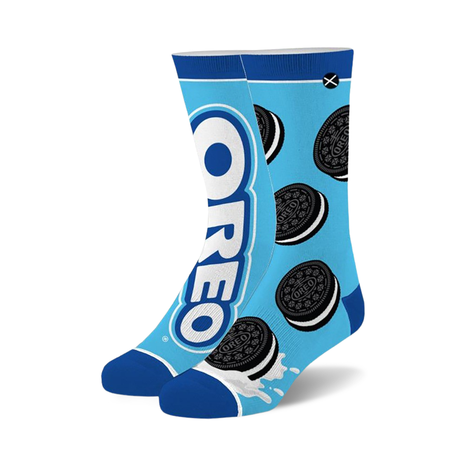 Pair of blue crew socks with Oreo cookies and logo design. Features white and black Oreo cookies on a light blue background.