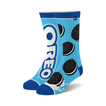 blue crew socks with white oreo logo, black oreo cookies with white filling. for men and women.   