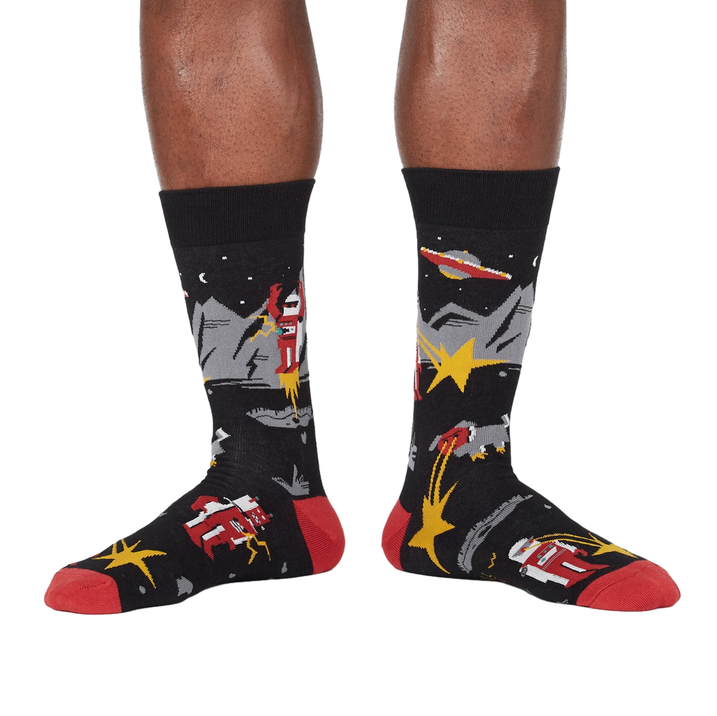 Lifestyle shot of Zap! Zap! socks on a person's legs, showcasing the full design and fit.