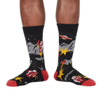 Lifestyle shot of Zap! Zap! socks on a person's legs, showcasing the full design and fit.
