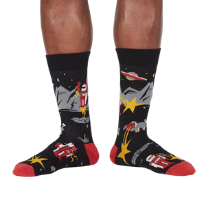 Lifestyle shot of Zap! Zap! socks on a person's legs, showcasing the full design and fit.