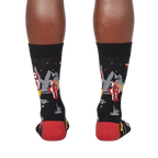 Back view of Zap! Zap! socks on a person's legs.  Shows the full design from the back.