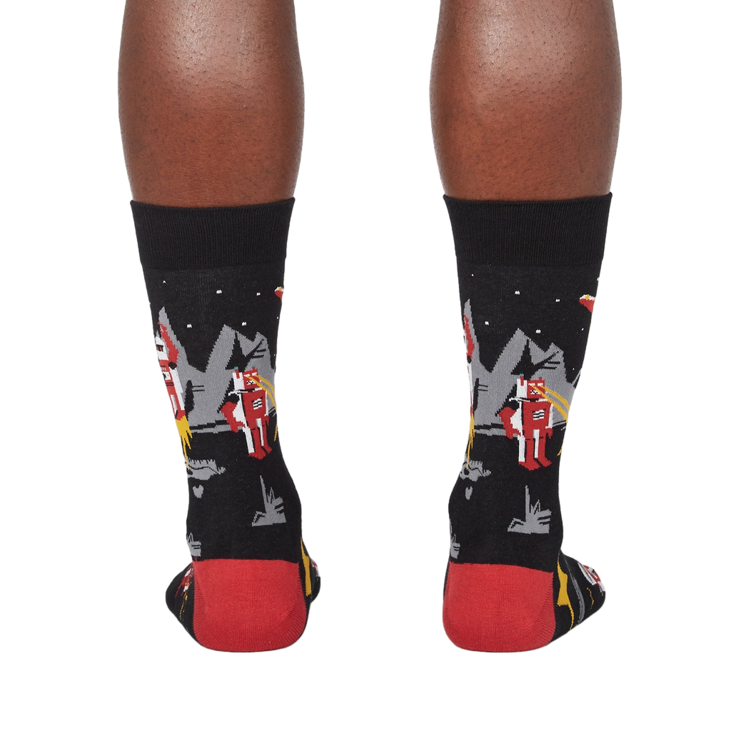 Back view of Zap! Zap! socks on a person's legs.  Shows the full design from the back.