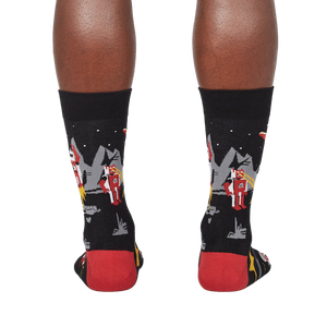 Back view of Zap! Zap! socks on a person's legs.  Shows the full design from the back.