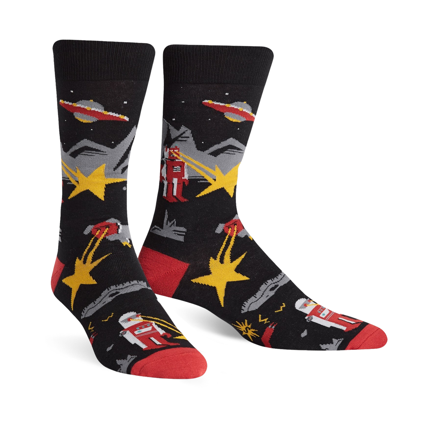 Pair of black crew socks with a retro alien abduction design.  Features red accents, yellow stars, and illustrations of robots and UFOs.
