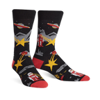 Pair of black crew socks with a retro alien abduction design.  Features red accents, yellow stars, and illustrations of robots and UFOs.