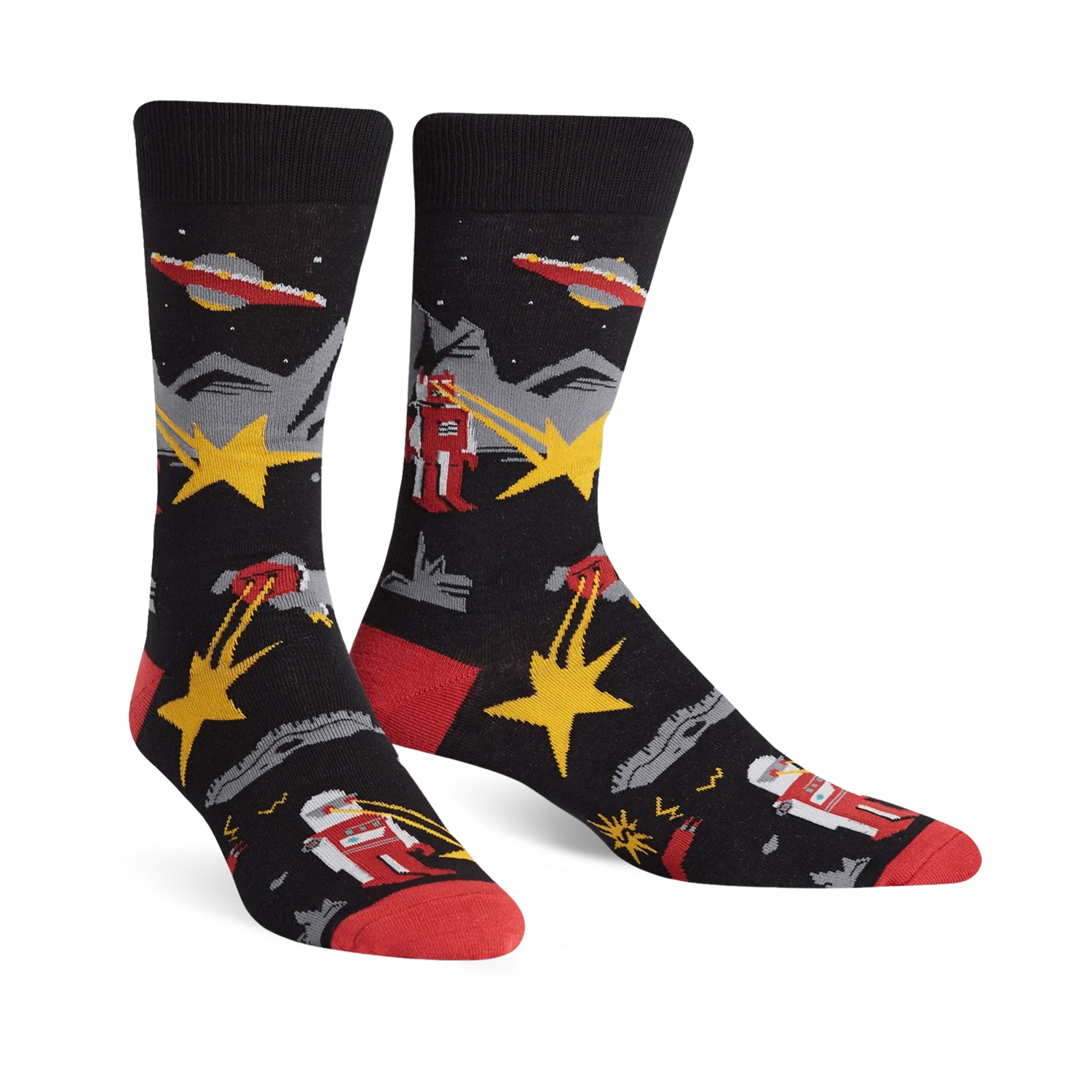 Pair of black crew socks with a retro alien abduction design.  Features red accents, yellow stars, and illustrations of robots and UFOs.