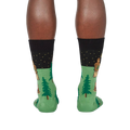 Back view of the socks on a model's legs to show the design details at the back of the socks.