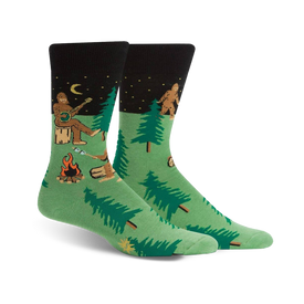 mens green black toe heel crew socks with cartoon bigfoot camping pattern.  