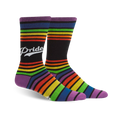 Crew socks in rainbow stripes and black, with a white retro 'Pride' logo on one sock.  Purple, red, orange, yellow, green, blue, and indigo stripes.