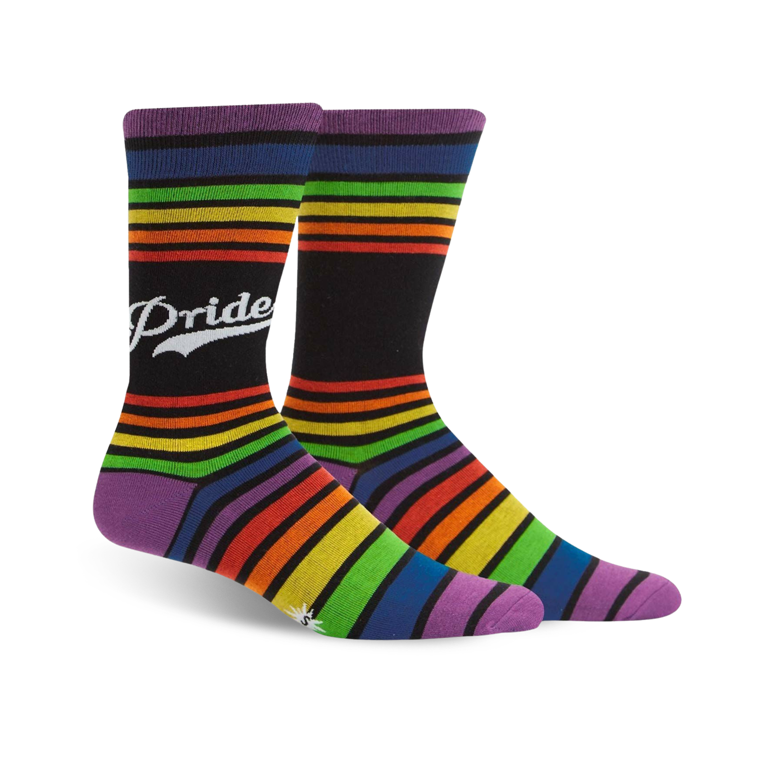 Crew socks in rainbow stripes and black, with a white retro 'Pride' logo on one sock.  Purple, red, orange, yellow, green, blue, and indigo stripes.