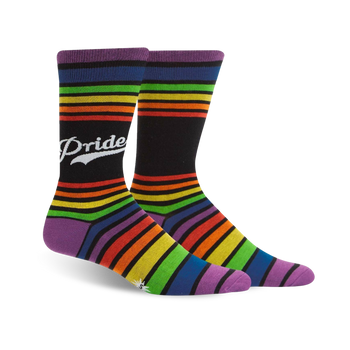 mens crew socks with vertical pride word and rainbow stripes.  