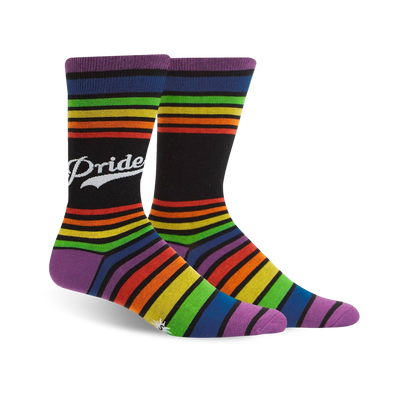 mens crew socks with vertical pride word and rainbow stripes.  