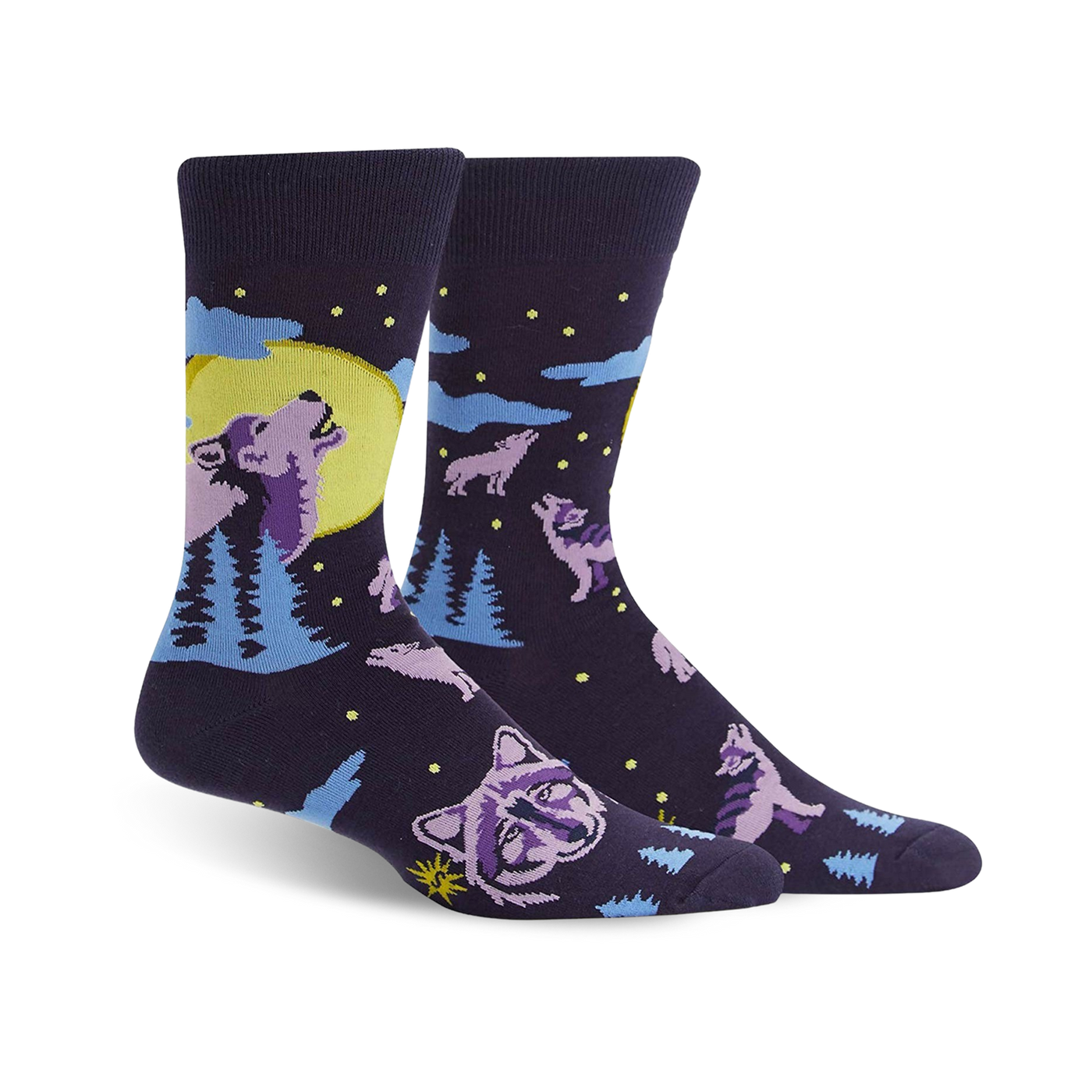 Crew socks in dark purple featuring howling wolves silhouetted against a yellow moon and light blue pine trees. Stars and other wolves decorate the background.