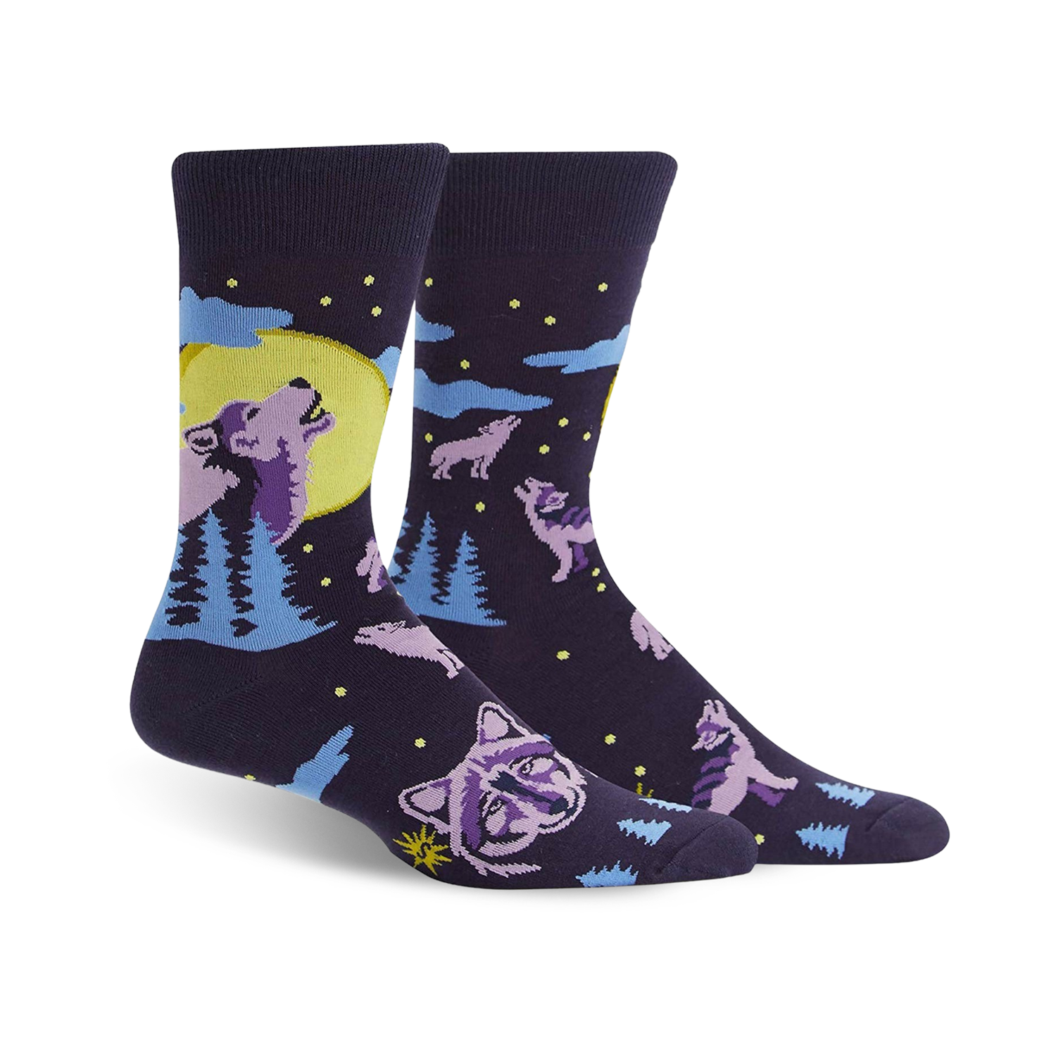 Crew socks in dark purple featuring howling wolves silhouetted against a yellow moon and light blue pine trees. Stars and other wolves decorate the background.